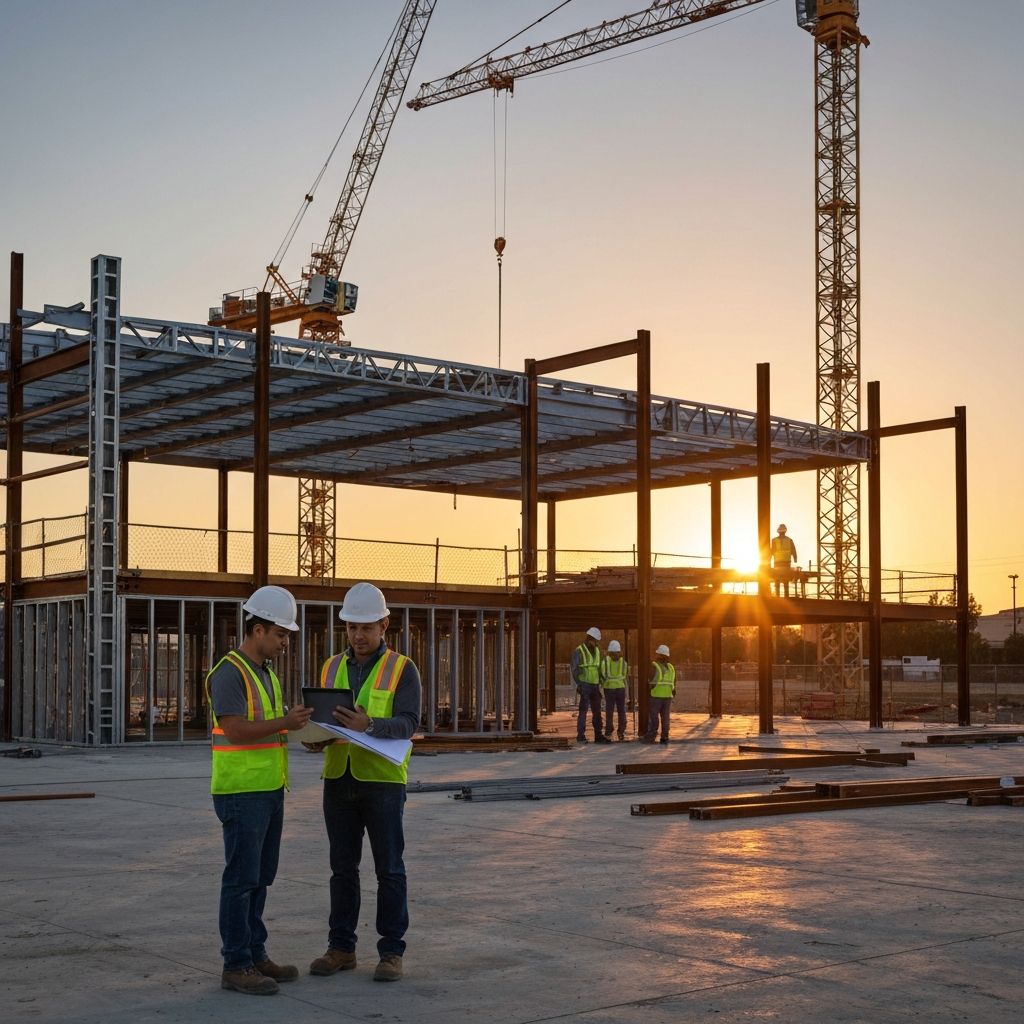 Construction site in Bakersfield with workers reviewing plans